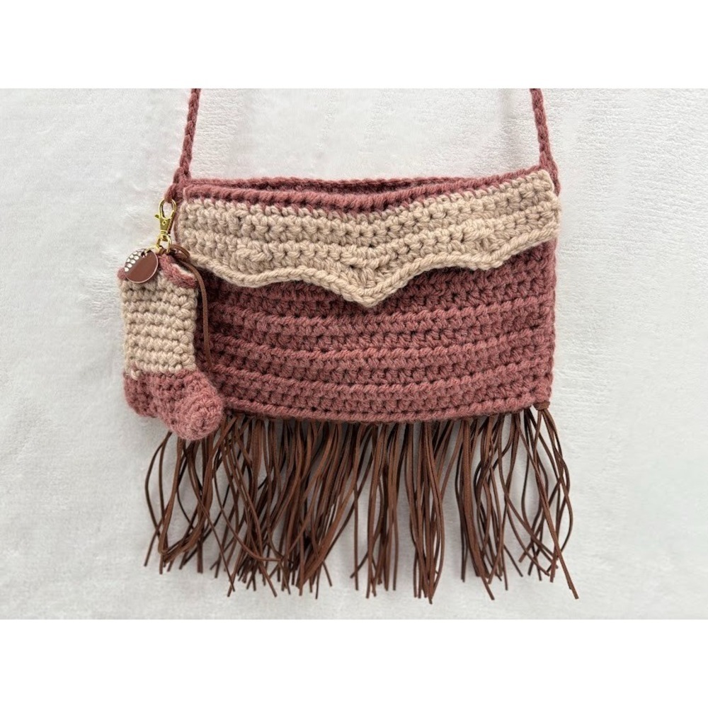 Handmade Crochet Pink Crossbody Purse with Fringe and‎ Cowboy Boot